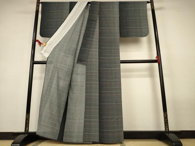 平和屋着物＊夏物　小紋　絽　横段紐文　黒地　正絹　逸品　AABL6574jd