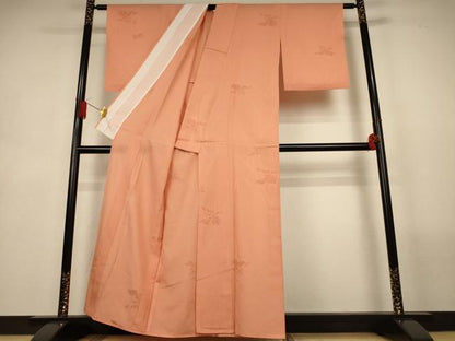 平和屋着物＊夏物　色無地　縦絽　草花紋紗　深支子色　正絹　逸品　AABL6584jd