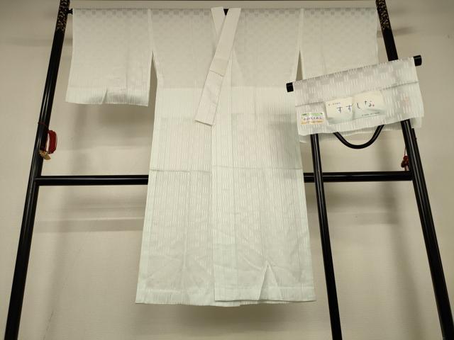 平和屋着物＊夏物　紬　市松紋紗　月白色　反端付き　正絹　逸品　AABL6589jd