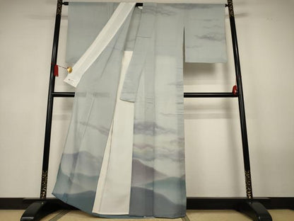 平和屋着物＊夏物　訪問着　紗紬　風景文　暈し染め　銀通し地　やまと誂製　正絹　逸品　AABL6591jd