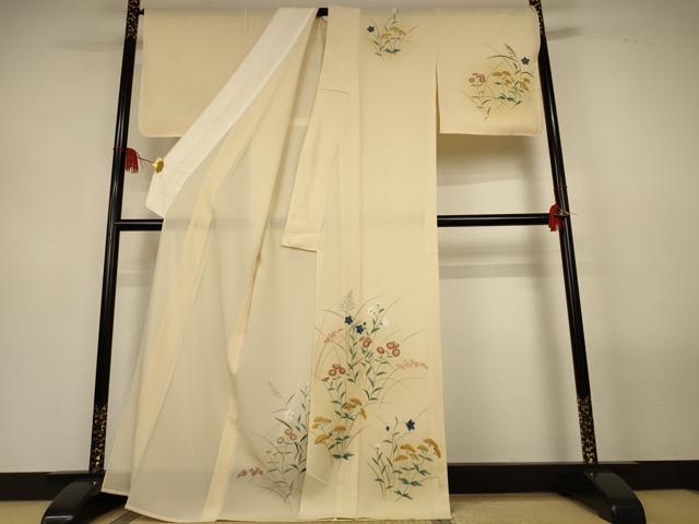 平和屋着物＊夏物　訪問着　絽　手描き　草花文　正絹　逸品　AABL6595jd