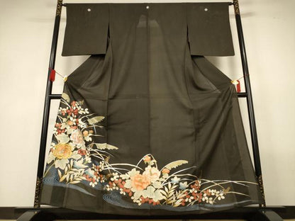 平和屋着物＊夏物　黒留袖　絽　刺繍　流水草花文　金銀糸　金銀彩　正絹　逸品　AABL6614jd