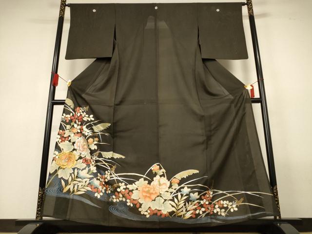 平和屋着物＊夏物　黒留袖　絽　刺繍　流水草花文　金銀糸　金銀彩　正絹　逸品　AABL6614jd