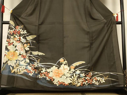 平和屋着物＊夏物　黒留袖　絽　刺繍　流水草花文　金銀糸　金銀彩　正絹　逸品　AABL6614jd