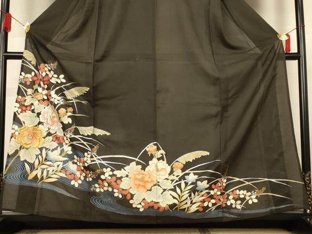 平和屋着物＊夏物　黒留袖　絽　刺繍　流水草花文　金銀糸　金銀彩　正絹　逸品　AABL6614jd