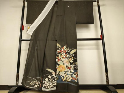 平和屋着物＊夏物　黒留袖　絽　刺繍　流水草花文　金銀糸　金銀彩　正絹　逸品　AABL6614jd