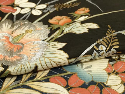 平和屋着物＊夏物　黒留袖　絽　刺繍　流水草花文　金銀糸　金銀彩　正絹　逸品　AABL6614jd