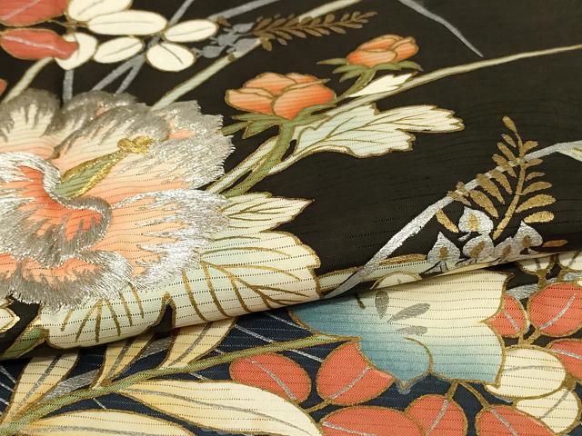 平和屋着物＊夏物　黒留袖　絽　刺繍　流水草花文　金銀糸　金銀彩　正絹　逸品　AABL6614jd