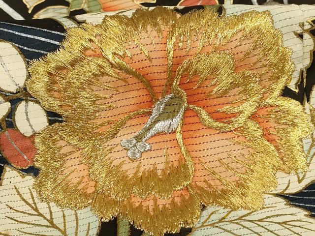 平和屋着物＊夏物　黒留袖　絽　刺繍　流水草花文　金銀糸　金銀彩　正絹　逸品　AABL6614jd