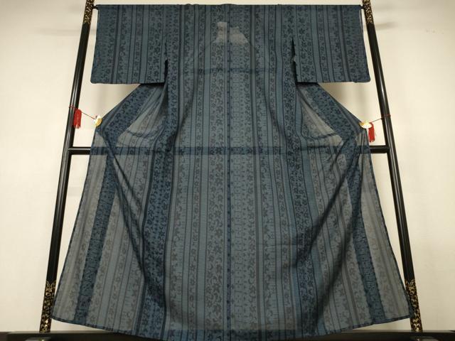 平和屋着物＊夏物　小紋　紗　花唐草間道　洗える着物　AABL6615jd