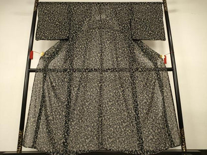 平和屋着物＊夏物　小紋　紗　更紗花文　黒地　正絹　逸品　AABL6626jd