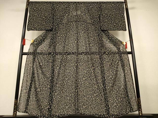 平和屋着物＊夏物　小紋　紗　更紗花文　黒地　正絹　逸品　AABL6626jd