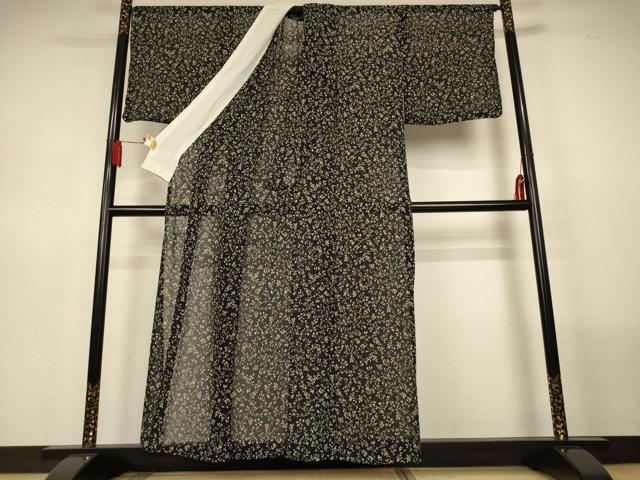 平和屋着物＊夏物　小紋　紗　更紗花文　黒地　正絹　逸品　AABL6626jd