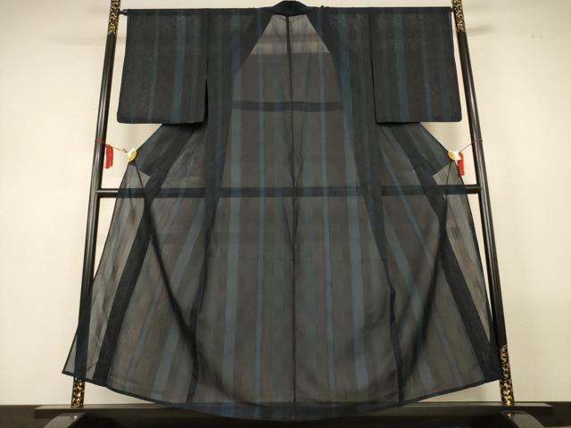 平和屋着物＊夏物　小紋　紗　変わり縞　黒地　正絹　逸品　AABL6646jd
