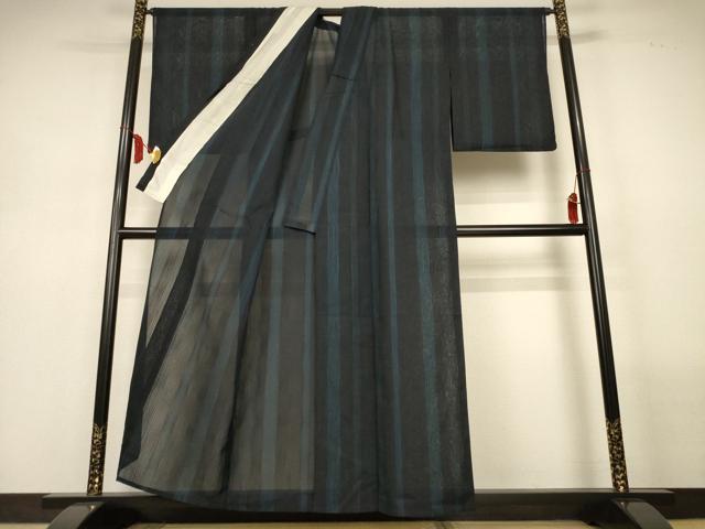平和屋着物＊夏物　小紋　紗　変わり縞　黒地　正絹　逸品　AABL6646jd