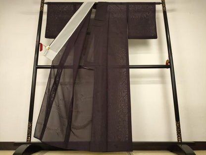 平和屋着物●夏物　色無地　絽　流水舞葉紋紗　黒鳶色　正絹　逸品　AABL6651jd