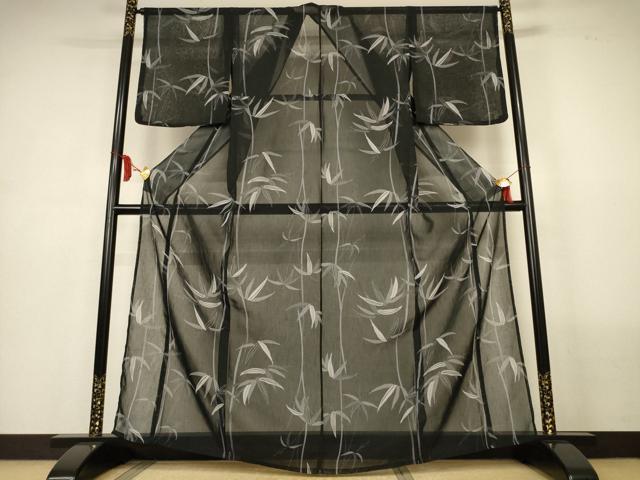 平和屋着物＊夏物　小紋　紗　笹文　黒地　洗える着物　AABL6664jd
