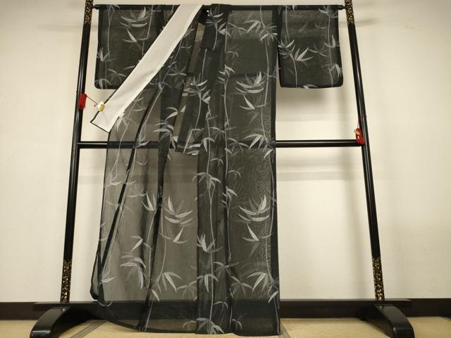 平和屋着物＊夏物　小紋　紗　笹文　黒地　洗える着物　AABL6664jd