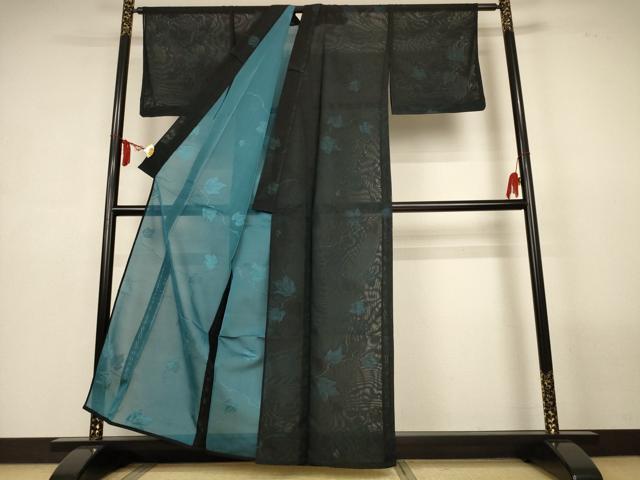 平和屋着物＊夏物　小紋　紗　蔦の葉文　正絹　逸品　AABL6682jd