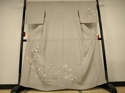 平和屋着物＊夏物　訪問着　縦絽　流水草花文　銀彩　正絹　逸品　AABL6689jd