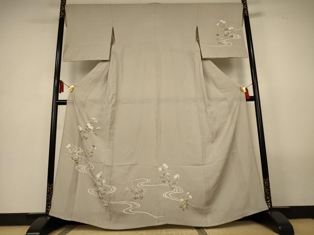 平和屋着物＊夏物　訪問着　縦絽　流水草花文　銀彩　正絹　逸品　AABL6689jd