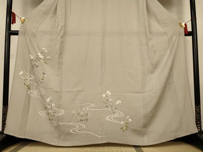 平和屋着物＊夏物　訪問着　縦絽　流水草花文　銀彩　正絹　逸品　AABL6689jd