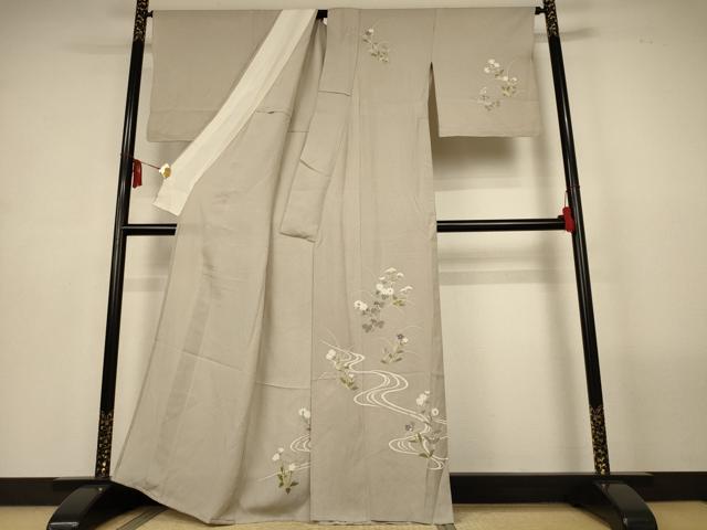 平和屋着物＊夏物　訪問着　縦絽　流水草花文　銀彩　正絹　逸品　AABL6689jd