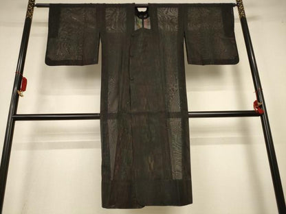 平和屋着物▽道行コート　スリーシーズン　春夏秋　塵除け　二重紗　間道　黒地　正絹　逸品　AABL6693jd