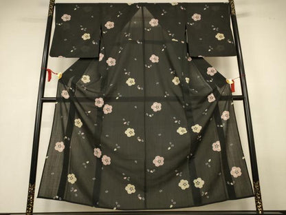 平和屋着物＊夏物　小紋　紗　舞桜文　黒地　洗える着物　AABL6697jd