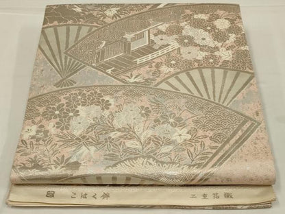 平和屋着物◎西陣　服部織物謹製　六通柄袋帯　こはく錦　扇面風景花文　二十箔錦　銀糸　正絹　逸品　AABL6726ou