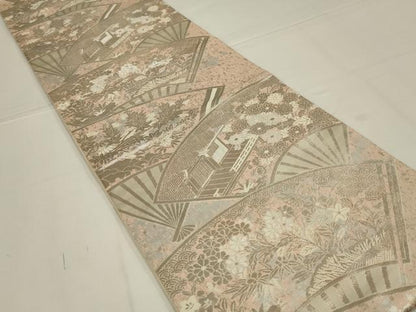 平和屋着物◎西陣　服部織物謹製　六通柄袋帯　こはく錦　扇面風景花文　二十箔錦　銀糸　正絹　逸品　AABL6726ou