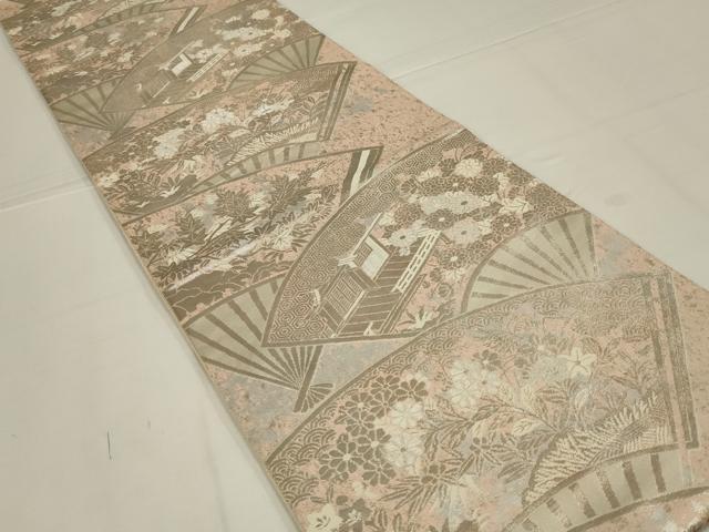 平和屋着物◎西陣　服部織物謹製　六通柄袋帯　こはく錦　扇面風景花文　二十箔錦　銀糸　正絹　逸品　AABL6726ou