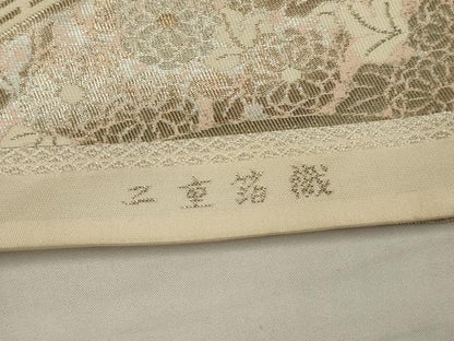 平和屋着物◎西陣　服部織物謹製　六通柄袋帯　こはく錦　扇面風景花文　二十箔錦　銀糸　正絹　逸品　AABL6726ou
