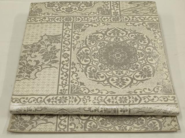 平和屋着物◎六通柄　本袋帯　正倉院花文　銀糸　正絹　逸品　AABL6729ou