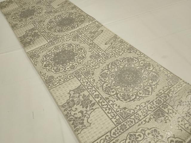 平和屋着物◎六通柄　本袋帯　正倉院花文　銀糸　正絹　逸品　AABL6729ou