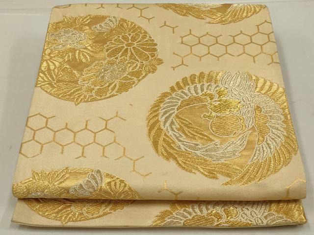 平和屋着物◎六通柄袋帯　鳳凰花丸文　金糸　正絹　逸品　AABL6733ou