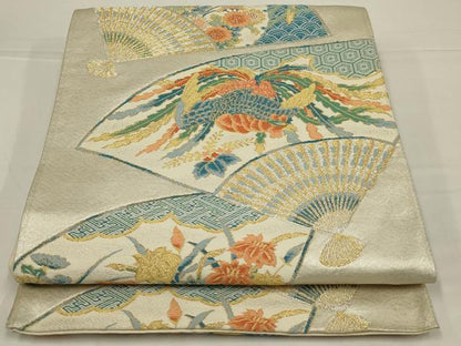 平和屋着物◎六通柄袋帯　唐織　扇　鳳凰花文　金銀糸　正絹　逸品　AABL6737ou