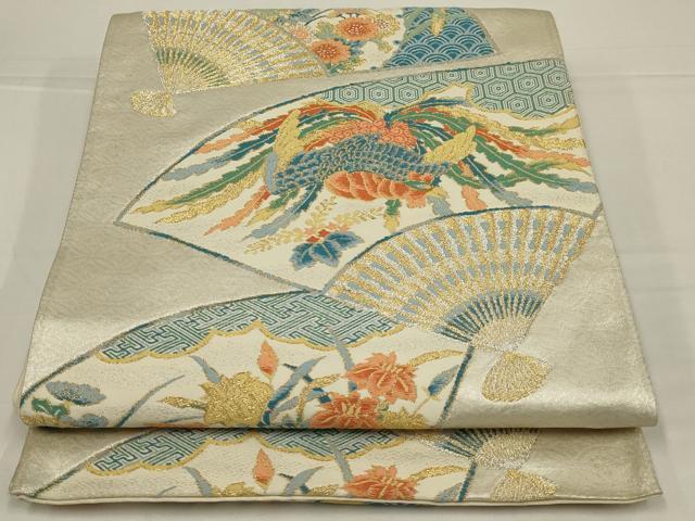 平和屋着物◎六通柄袋帯　唐織　扇　鳳凰花文　金銀糸　正絹　逸品　AABL6737ou