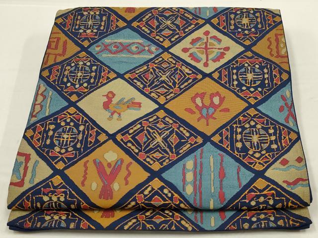 平和屋着物◎六通柄袋帯　格子花鳥文　正絹　逸品　AABL6741ou