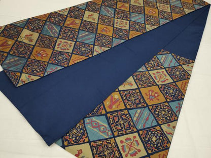 平和屋着物◎六通柄袋帯　格子花鳥文　正絹　逸品　AABL6741ou