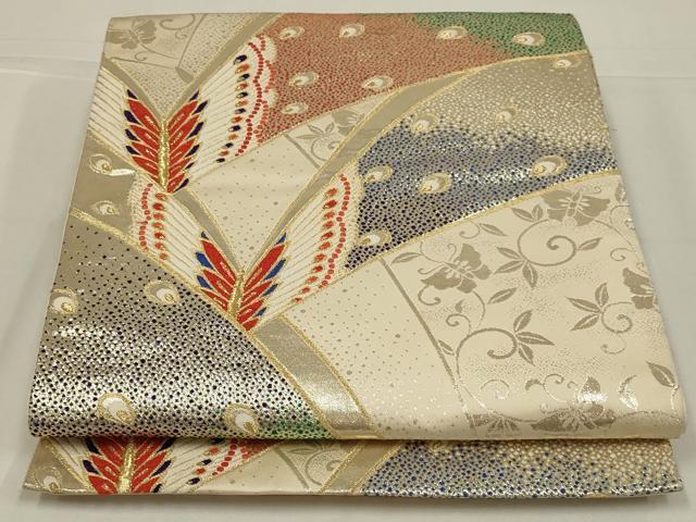 平和屋着物◎六通柄袋帯　唐織　孔雀羽舞蝶文　金糸　正絹　逸品　AABL6758ou