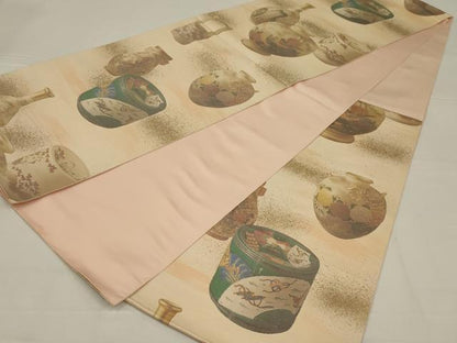 平和屋着物◎六通柄袋帯　花陶器文　金彩　正絹　逸品　AABL6759ou