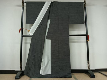 平和屋着物▽上質な紬　単衣　100亀甲　総詰め　黒地　正絹　逸品　AABL6762jh