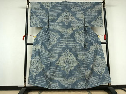 平和屋着物▽上質な紬　単衣　総絞り　幾何学文様　正絹　逸品　AABL6764jh