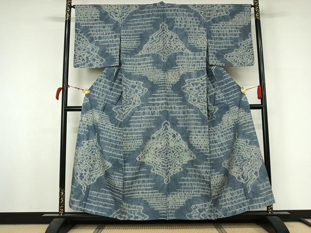 平和屋着物▽上質な紬　単衣　総絞り　幾何学文様　正絹　逸品　AABL6764jh