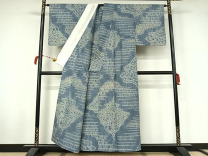 平和屋着物▽上質な紬　単衣　総絞り　幾何学文様　正絹　逸品　AABL6764jh