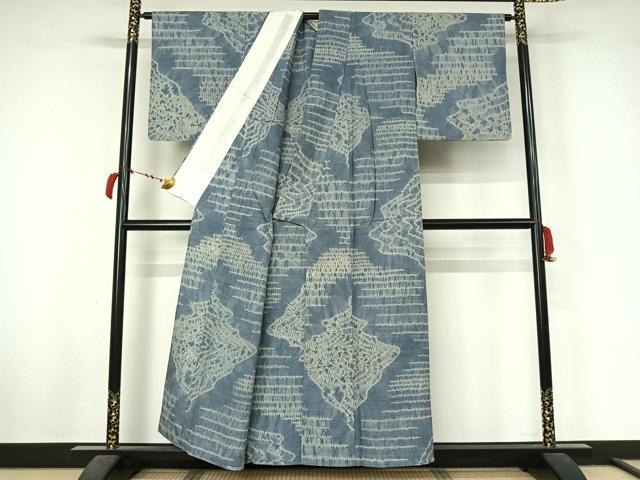 平和屋着物▽上質な紬　単衣　総絞り　幾何学文様　正絹　逸品　AABL6764jh