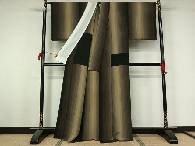 平和屋着物▽上質な小紋　単衣　変わり縞　鬼しぼ縮緬　正絹　逸品　未使用　AABL6765jh