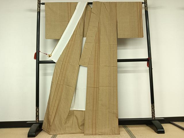 平和屋着物▽ぜんまい紬　単衣　縞　正絹　逸品　AABL6766jh