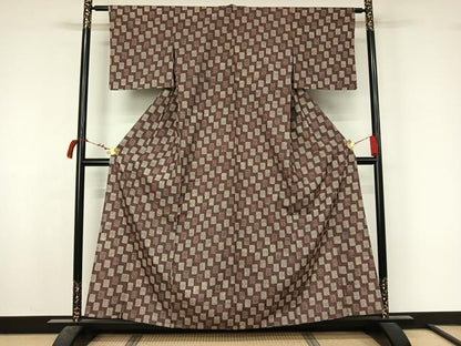 平和屋着物▽上質な小紋　単衣　紬地　市松菊文　やまと誂製　正絹　逸品　AABL6767jh